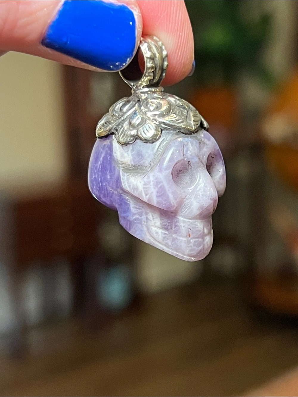 Vintage Memento Mori Gothic Carved Amethyst Skull Silver Amulet Necklace Pendant